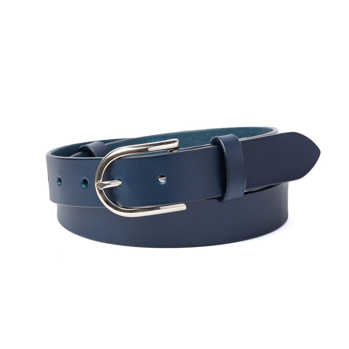 Ceinture cuir tannage végétal AVITIN Horizons bleu marine, vue de face enroulée