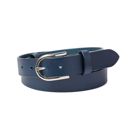 Ceinture cuir tannage végétal AVITIN Horizons bleu marine, vue de face enroulée
