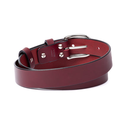 Ceinture cuir tannage végétal AVITIN Horizons bordeaux, vue de dos enroulée avec détails
