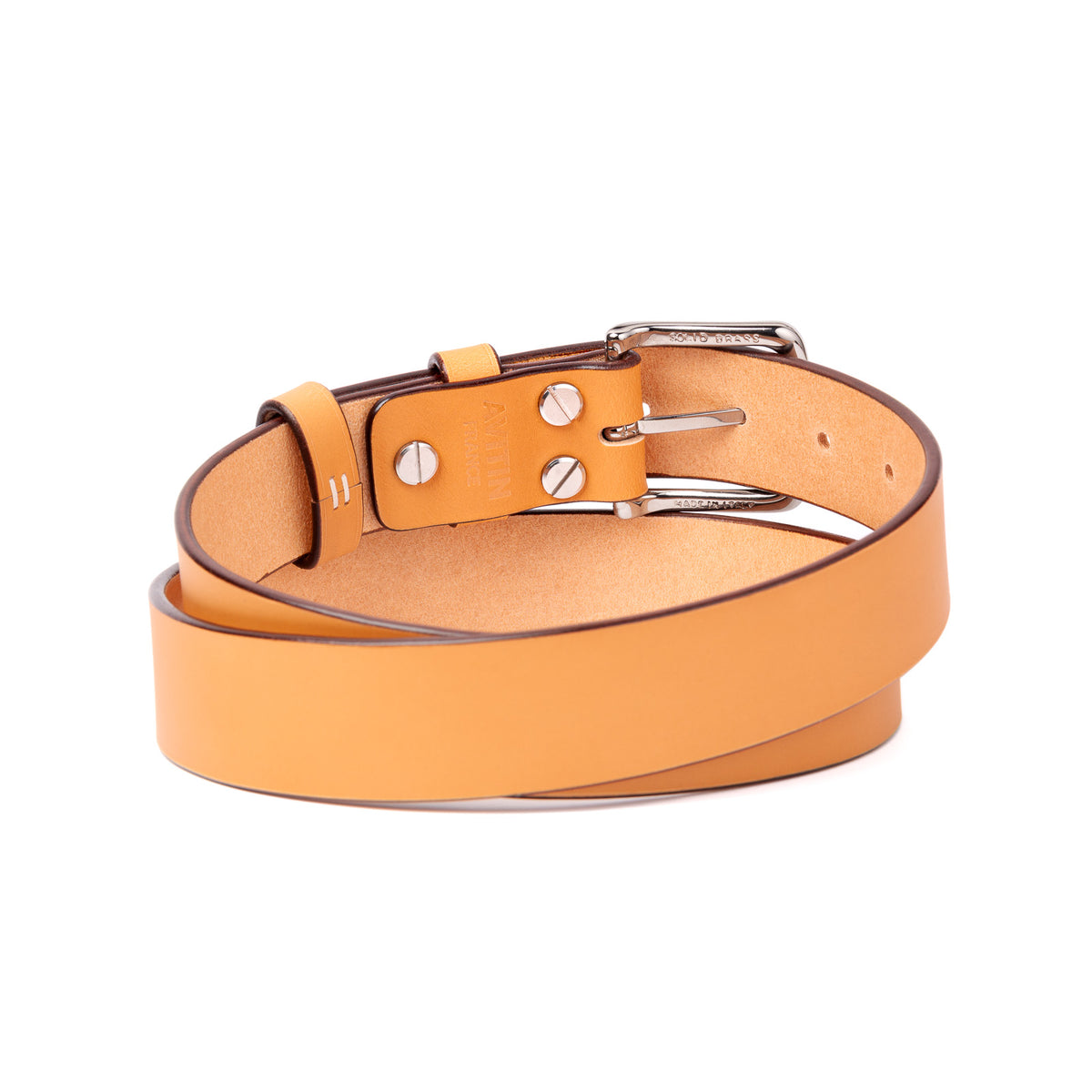 Ceinture cuir tannage végétal AVITIN Origine Gold marron clair, vue de dos enroulée avec détails