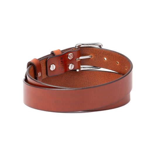 Ceinture cuir tannage végétal AVITIN Origine Marron cognac, vue de dos enroulée, détails