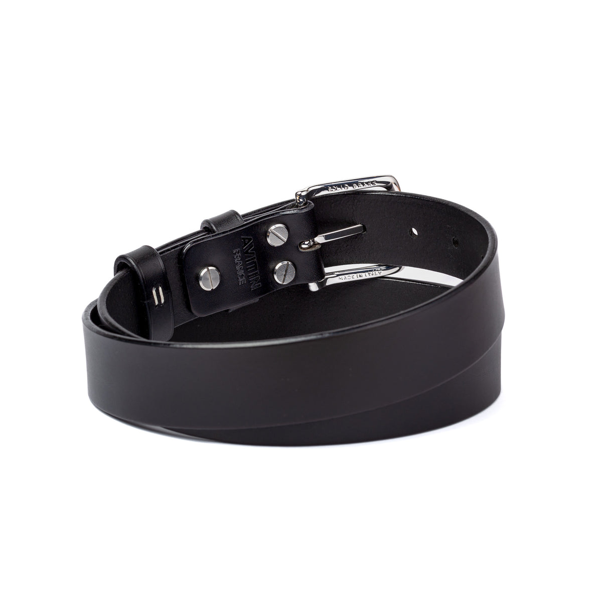 Ceinture cuir tannage végétal AVITIN Origine Noir, vue de dos enroulée avec détails